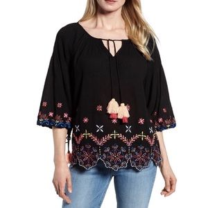 KAS New York Hand Embroidered Boho 3/4” Sleeve Top